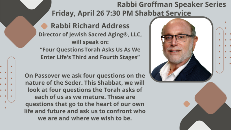 Banner Image for Shabbat Evening Service, Guest Speaker Rabbi Richard Address, Anniversary Shabbat